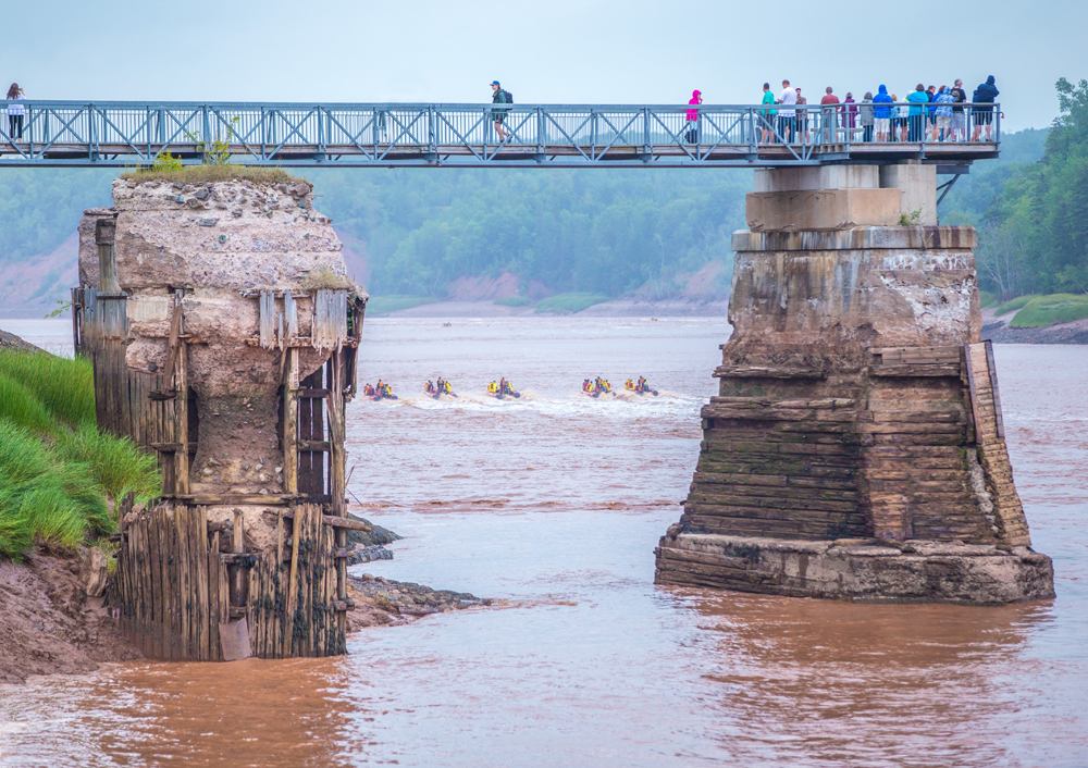 A group of people standing on a bridge looking out over the Shubenacadie River as zodiac boats splash through the waves below.